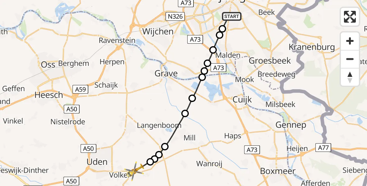 Vluchtroute Traumahelikopter Radboud Universitair Medisch Centrum - Vliegbasis Volkel, 09 september 2023, 15:22