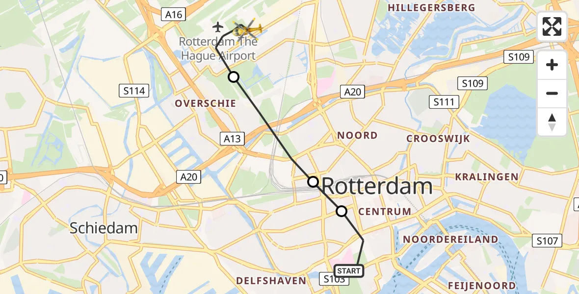 Vluchtroute Traumahelikopter Erasmus MC - Rotterdam The Hague Airport, 09 september 2023, 16:03