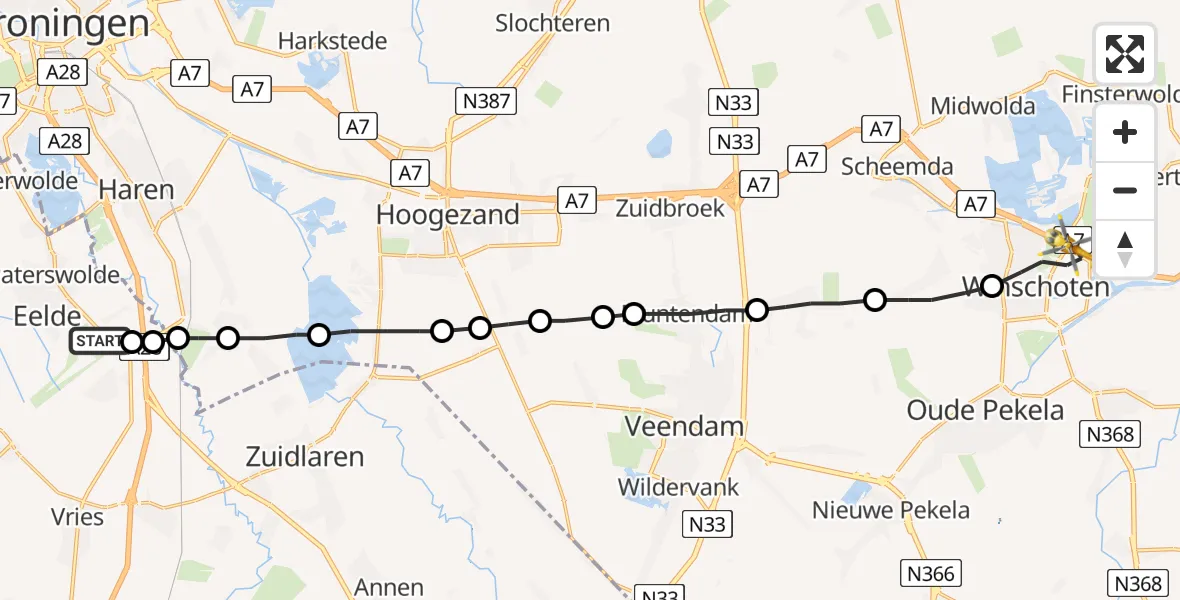 Vluchtroute Traumahelikopter Groningen Airport Eelde - Winschoten, 09 september 2023, 16:17