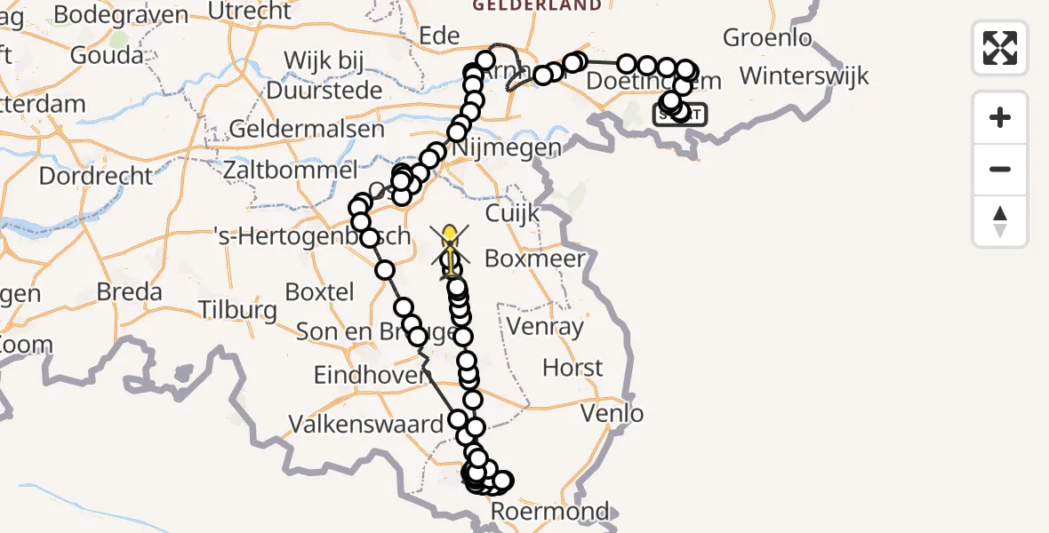 Routekaart van de vlucht: Politiehelikopter naar Vliegbasis Volkel