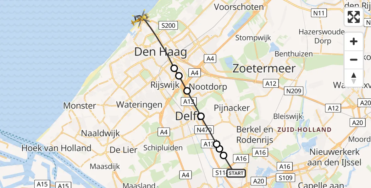 Vluchtroute Traumahelikopter Rotterdam The Hague Airport - Den Haag, 09 september 2023, 17:18