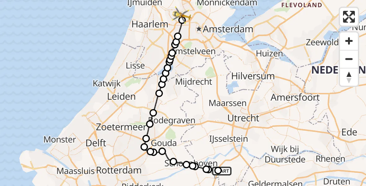 Vluchtroute Traumahelikopter Lexmond - Amsterdam Heliport, 09 september 2023, 17:47