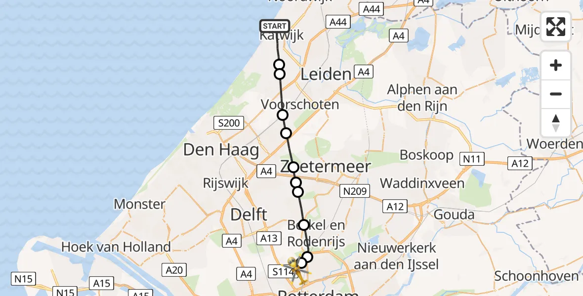 Vluchtroute Traumahelikopter Katwijk - Rotterdam The Hague Airport, 09 september 2023, 18:40