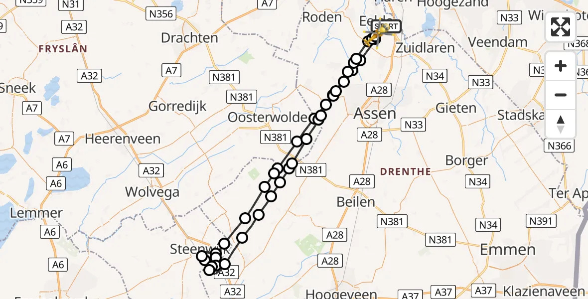 Vluchtroute Traumahelikopter Groningen Airport Eelde - Groningen Airport Eelde, 09 september 2023, 22:43