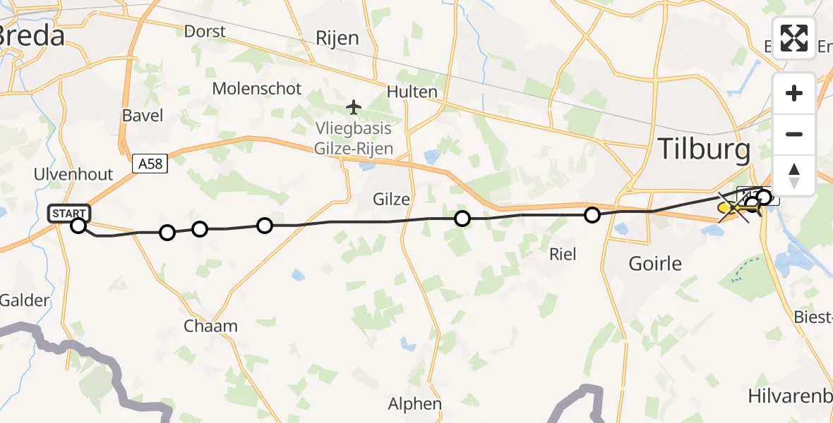 Routekaart van de vlucht: Lifeliner 1 naar Tilburg