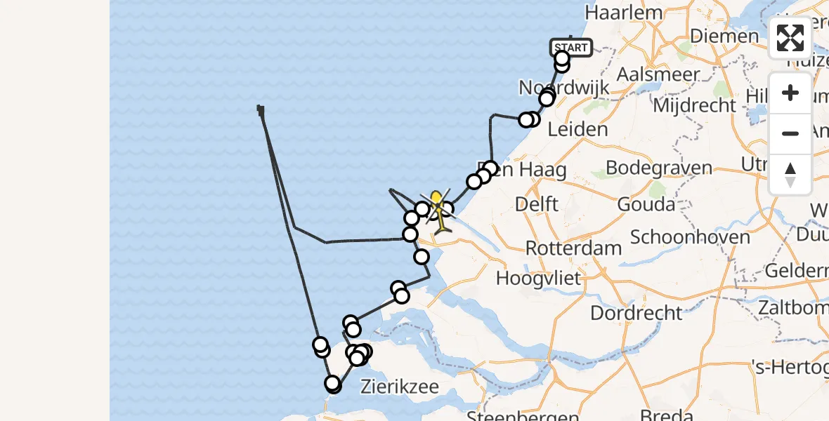 Routekaart van de vlucht: Politieheli naar Hoek van Holland