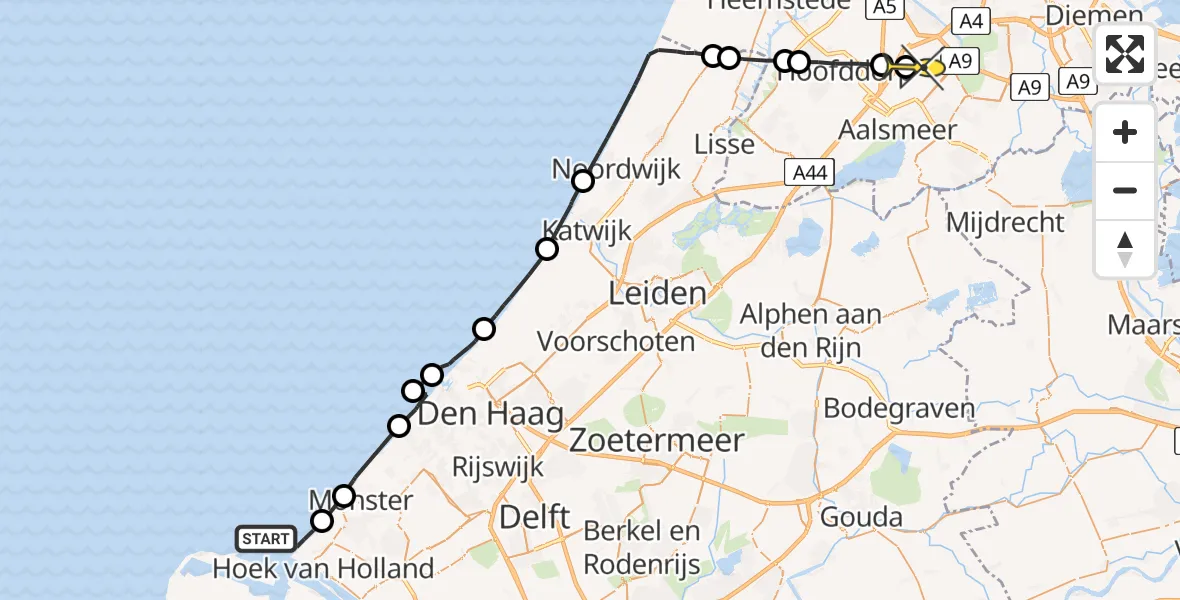 Routekaart van de vlucht: Politieheli naar Luchthaven Schiphol