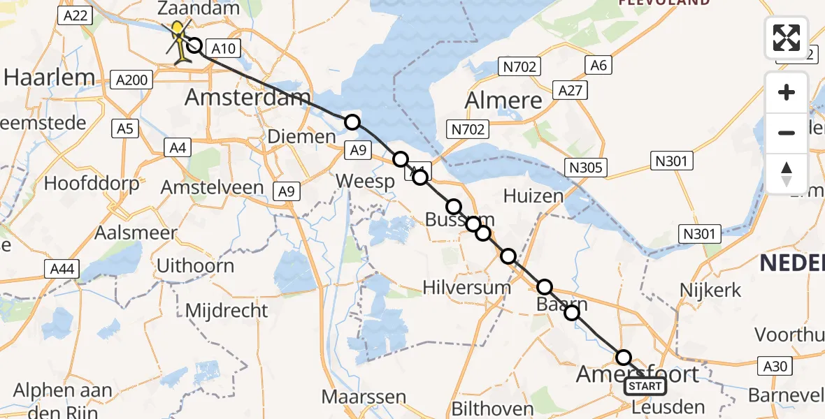 Routekaart van de vlucht: Lifeliner 1 naar Amsterdam Heliport