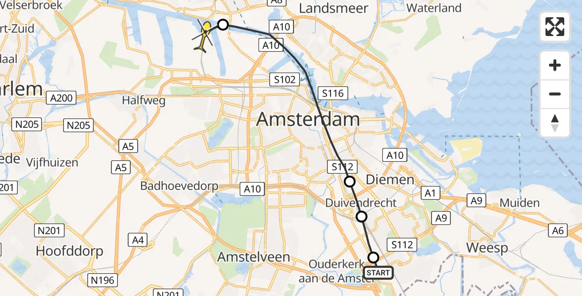 Routekaart van de vlucht: Lifeliner 1 naar Amsterdam Heliport