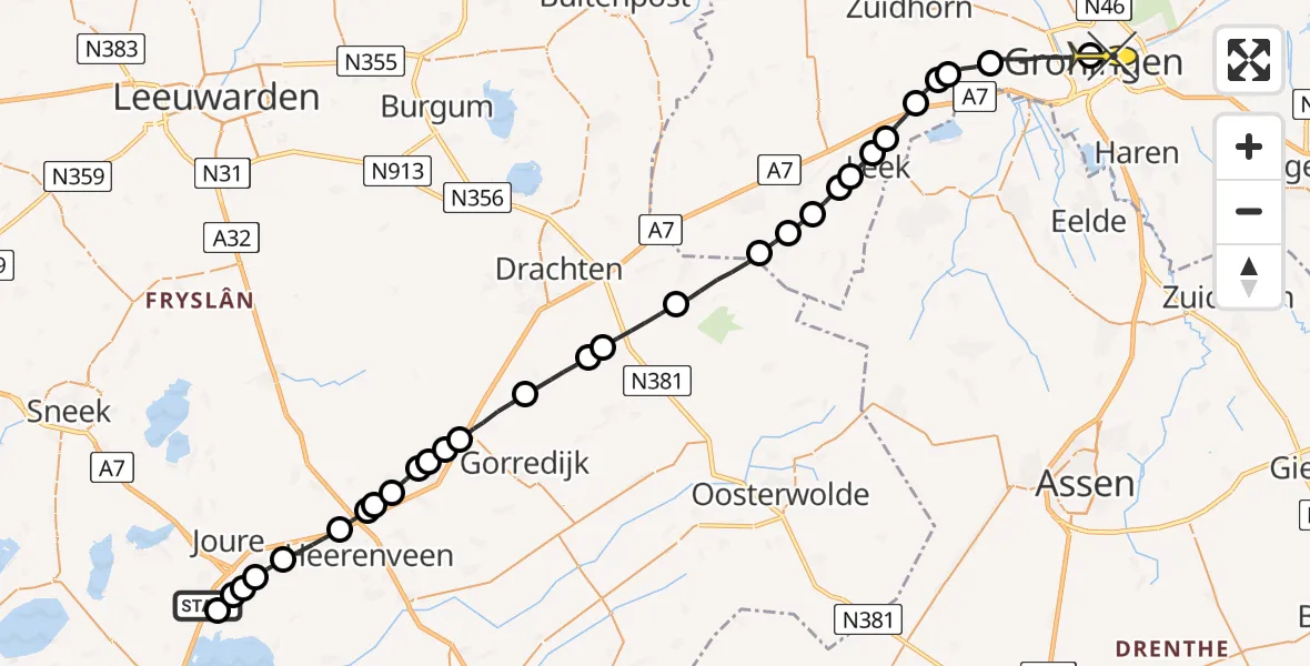 Routekaart van de vlucht: Lifeliner 4 naar Universitair Medisch Centrum Groningen