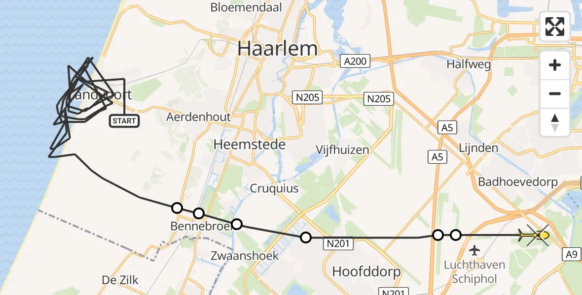 Routekaart van de vlucht: Politieheli naar Schiphol