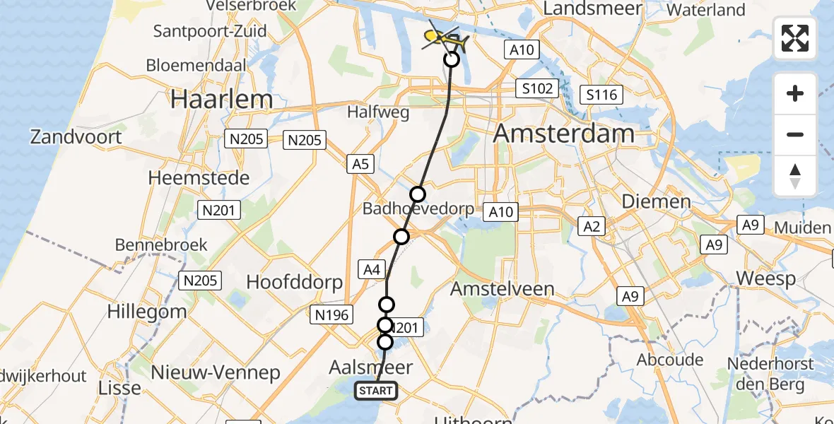 Routekaart van de vlucht: Lifeliner 1 naar Amsterdam Heliport