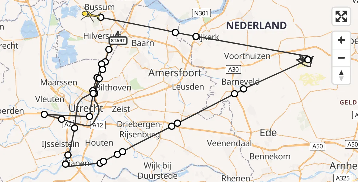 Routekaart van de vlucht: Politieheli naar Bussum