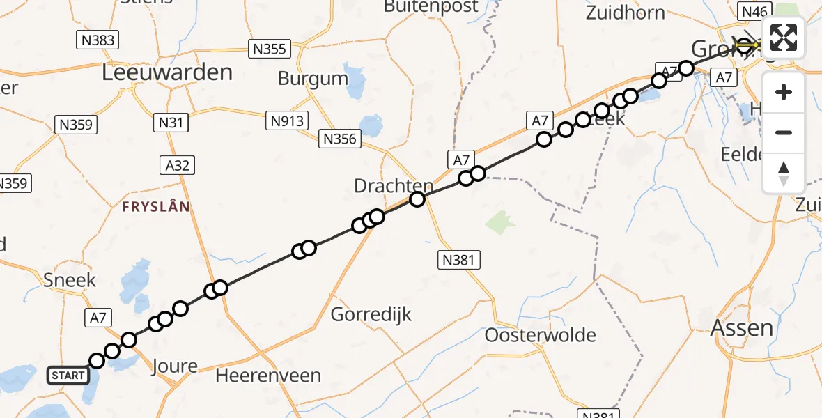 Routekaart van de vlucht: Lifeliner 4 naar Universitair Medisch Centrum Groningen