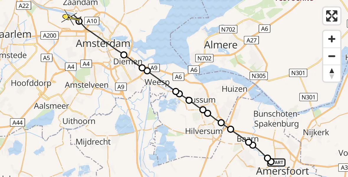 Routekaart van de vlucht: Lifeliner 1 naar Amsterdam Heliport