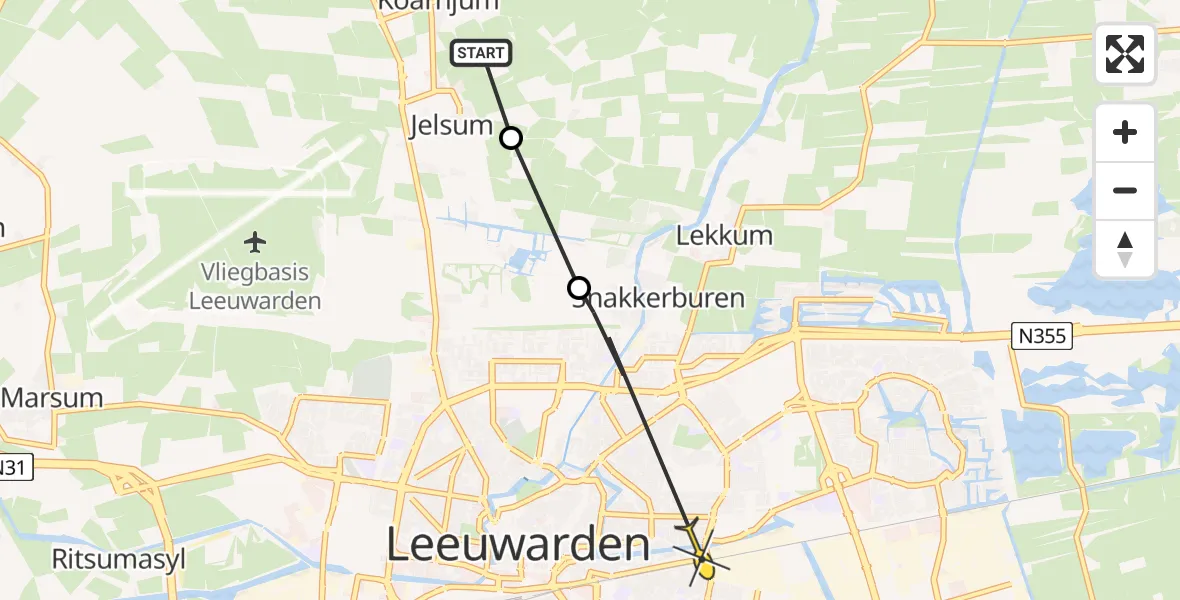 Routekaart van de vlucht: Ambulancehelikopter naar Leeuwarden