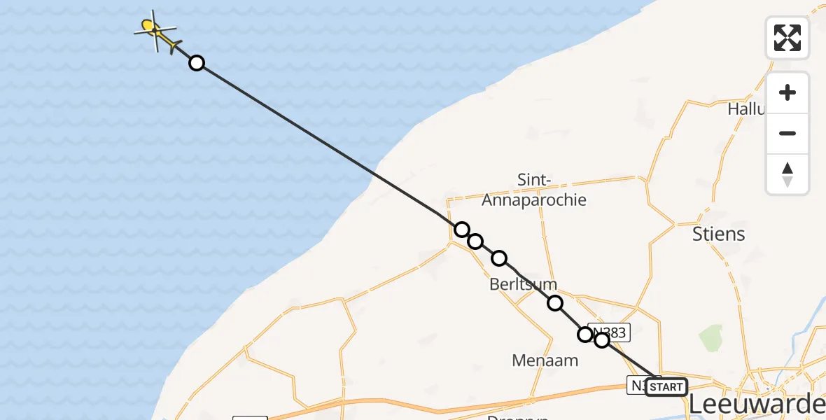 Routekaart van de vlucht: Ambulanceheli naar Oosterend