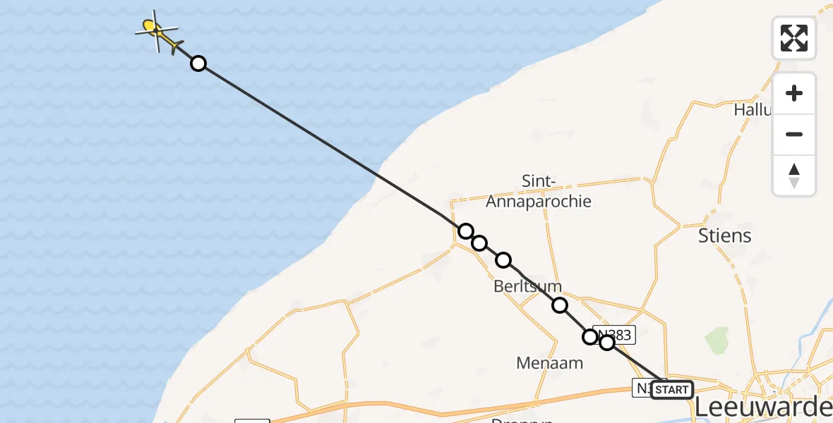 Routekaart van de vlucht: Ambulancehelikopter naar Oosterend