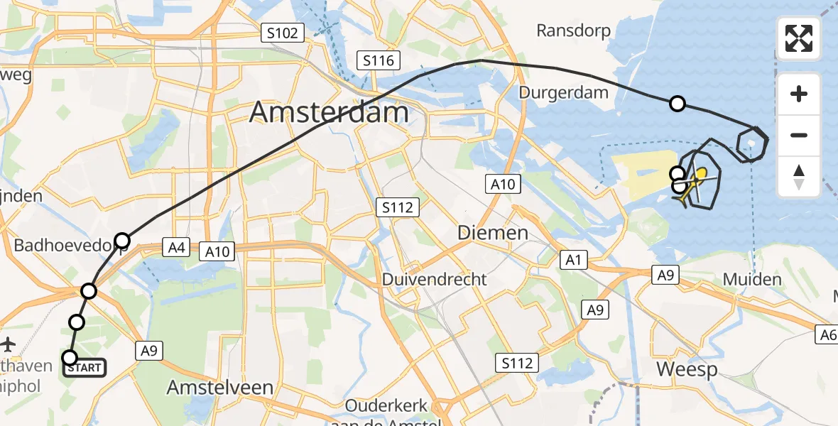 Routekaart van de vlucht: Politiehelikopter naar Muiden