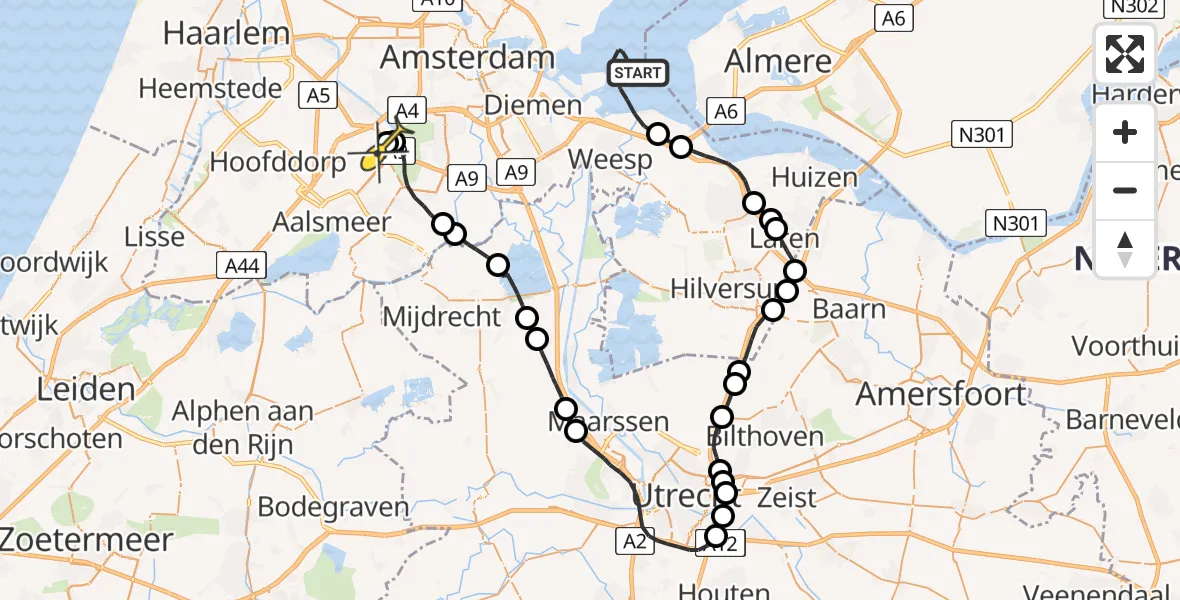 Routekaart van de vlucht: Politiehelikopter naar Schiphol