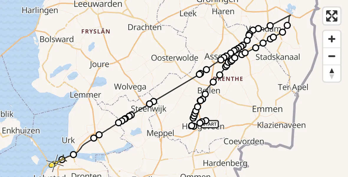 Routekaart van de vlucht: Politieheli naar Lelystad