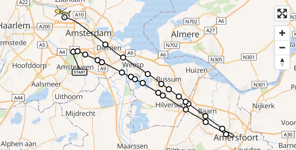 Routekaart van de vlucht: Lifeliner 1 naar Amsterdam Heliport