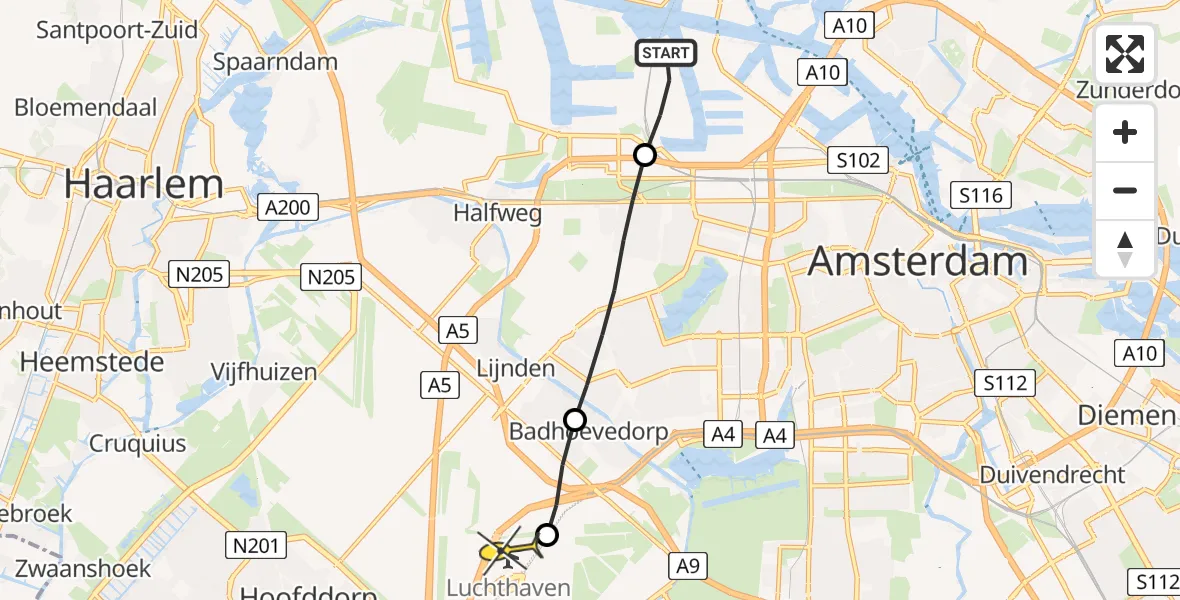 Routekaart van de vlucht: Lifeliner 1 naar Luchthaven Schiphol