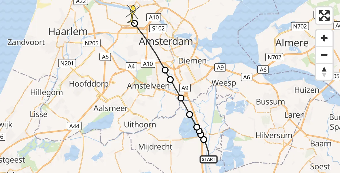 Routekaart van de vlucht: Lifeliner 1 naar Amsterdam Heliport