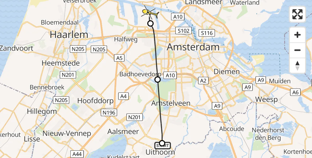 Routekaart van de vlucht: Lifeliner 1 naar Amsterdam Heliport