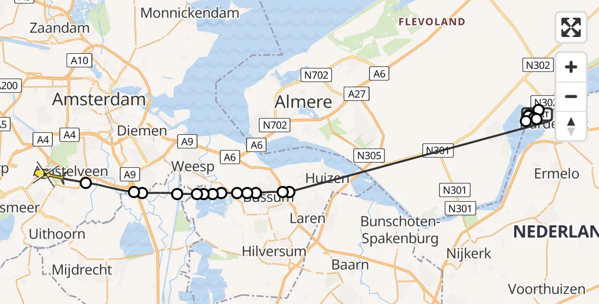 Routekaart van de vlucht: Politieheli naar Aalsmeer