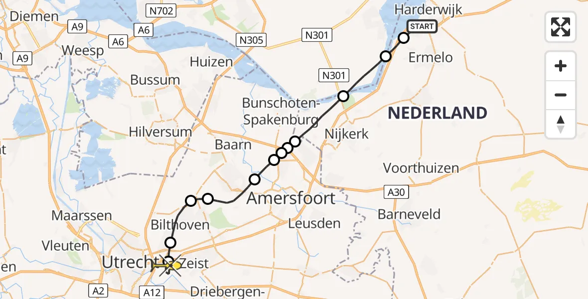 Routekaart van de vlucht: Lifeliner 4 naar Universitair Medisch Centrum Utrecht
