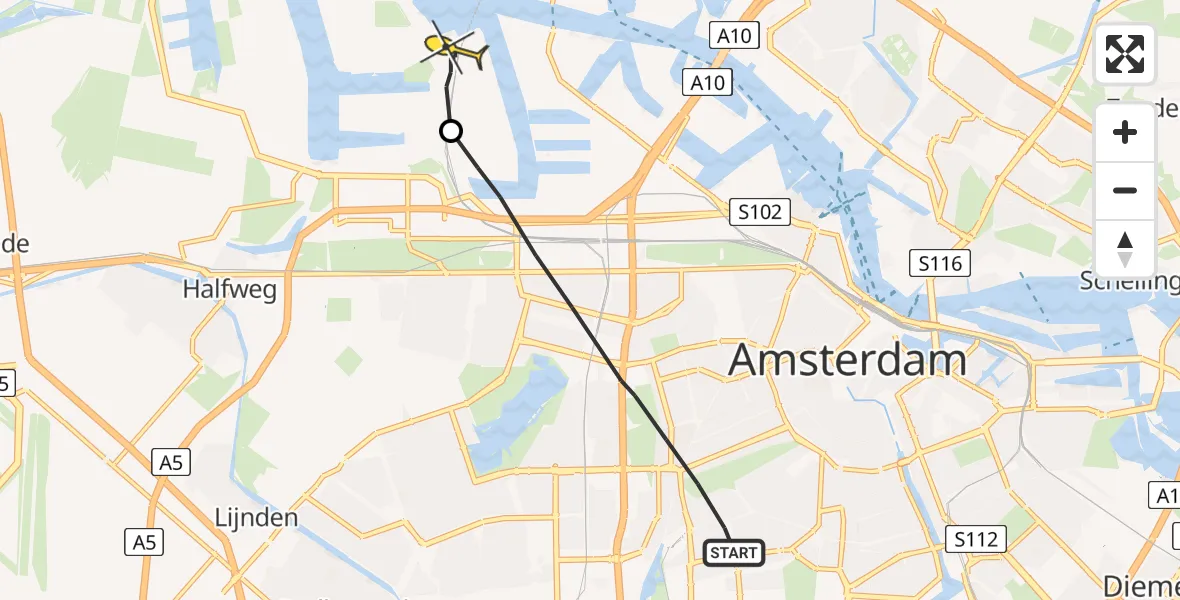 Routekaart van de vlucht: Lifeliner 1 naar Amsterdam Heliport