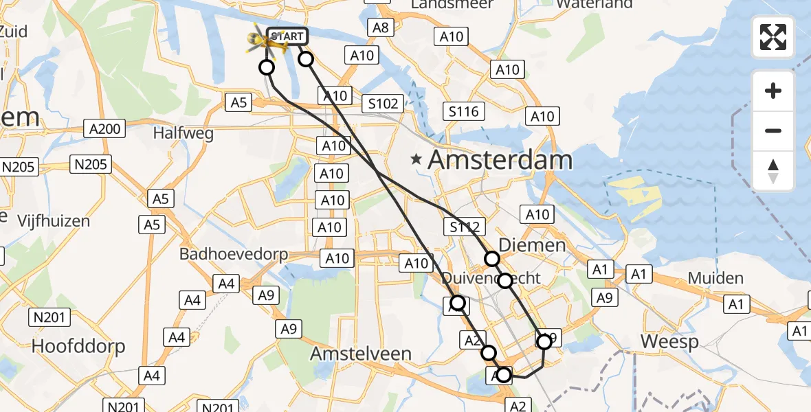 Vluchtroute Traumahelikopter Amsterdam Heliport - Amsterdam Heliport, 13 september 2023, 19:42