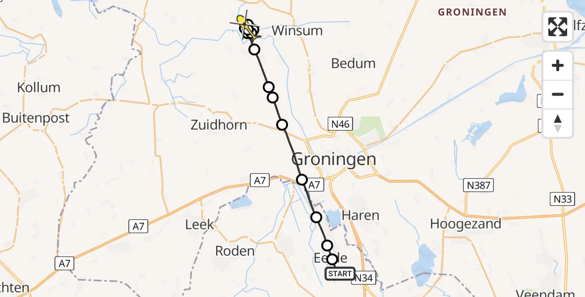 Routekaart van de vlucht: Lifeliner 4 naar Schouwerzijl