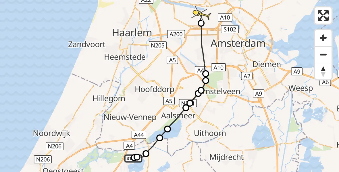 Routekaart van de vlucht: Lifeliner 1 naar Amsterdam Heliport