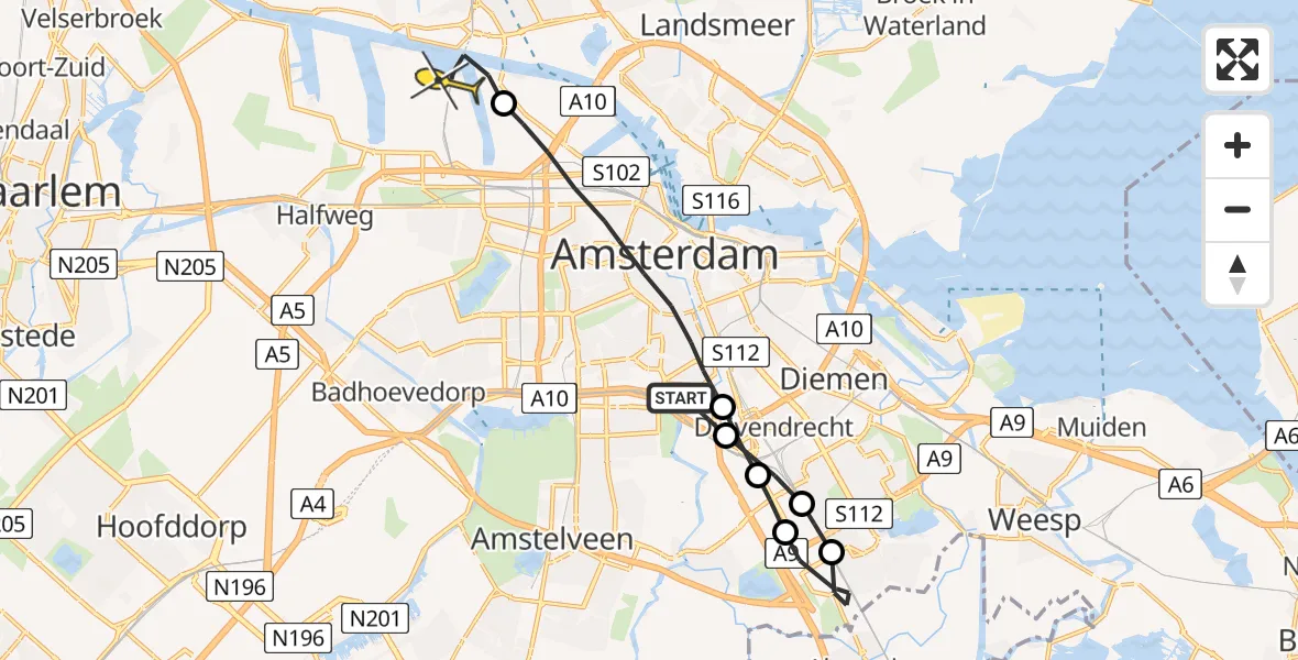 Routekaart van de vlucht: Lifeliner 1 naar Amsterdam Heliport