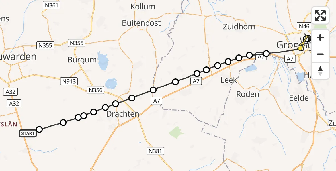 Routekaart van de vlucht: Lifeliner 4 naar Universitair Medisch Centrum Groningen