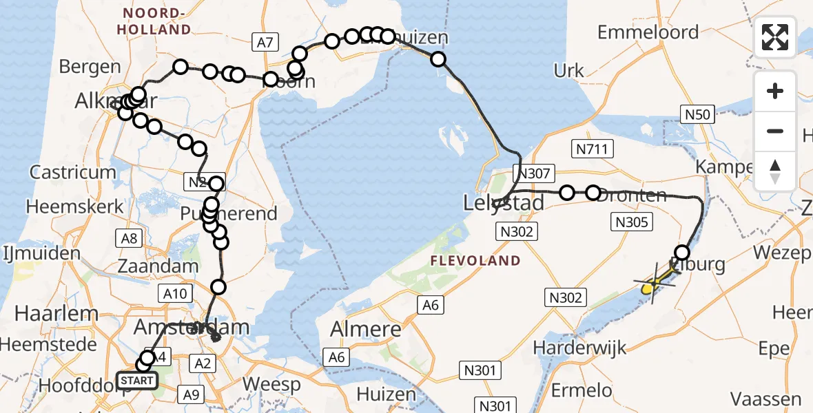 Routekaart van de vlucht: Politieheli naar Biddinghuizen