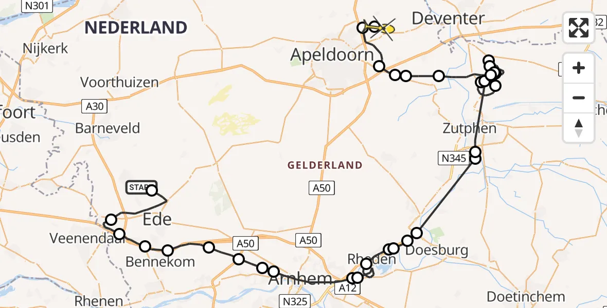 Routekaart van de vlucht: Politieheli naar Vliegveld Teuge