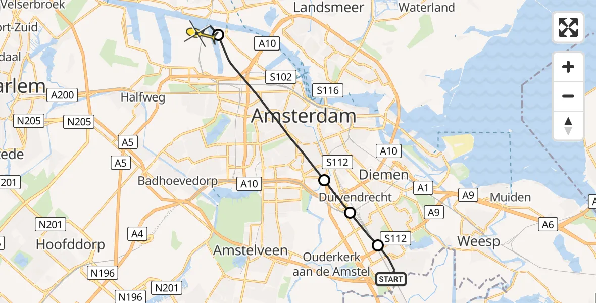 Routekaart van de vlucht: Lifeliner 1 naar Amsterdam Heliport