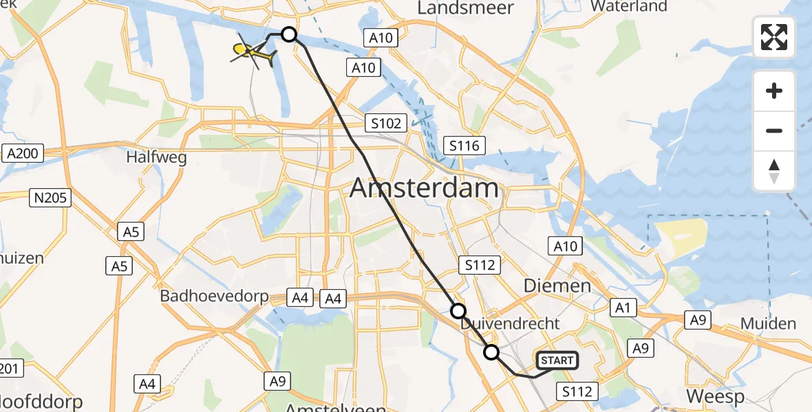 Routekaart van de vlucht: Lifeliner 1 naar Amsterdam Heliport