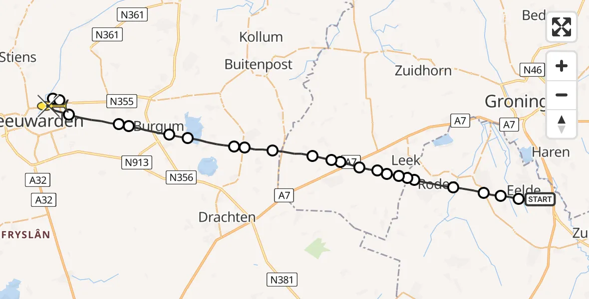 Routekaart van de vlucht: Lifeliner 4 naar Leeuwarden