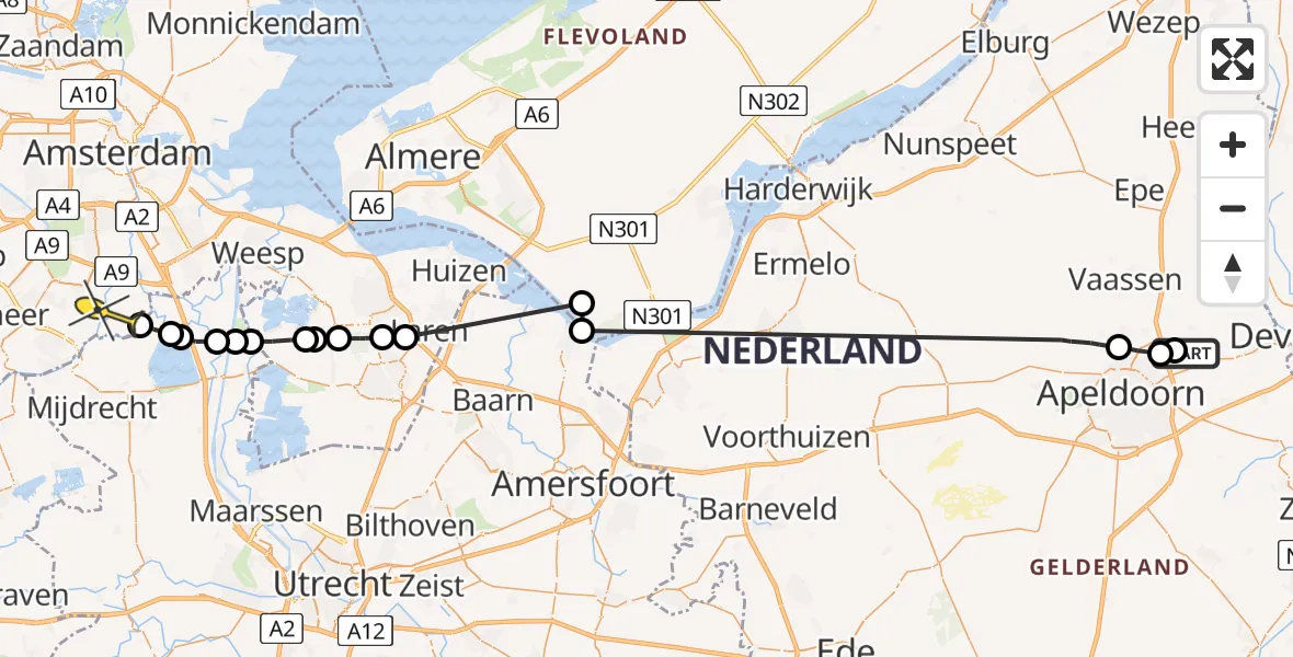 Routekaart van de vlucht: Politieheli naar Ouderkerk aan de Amstel