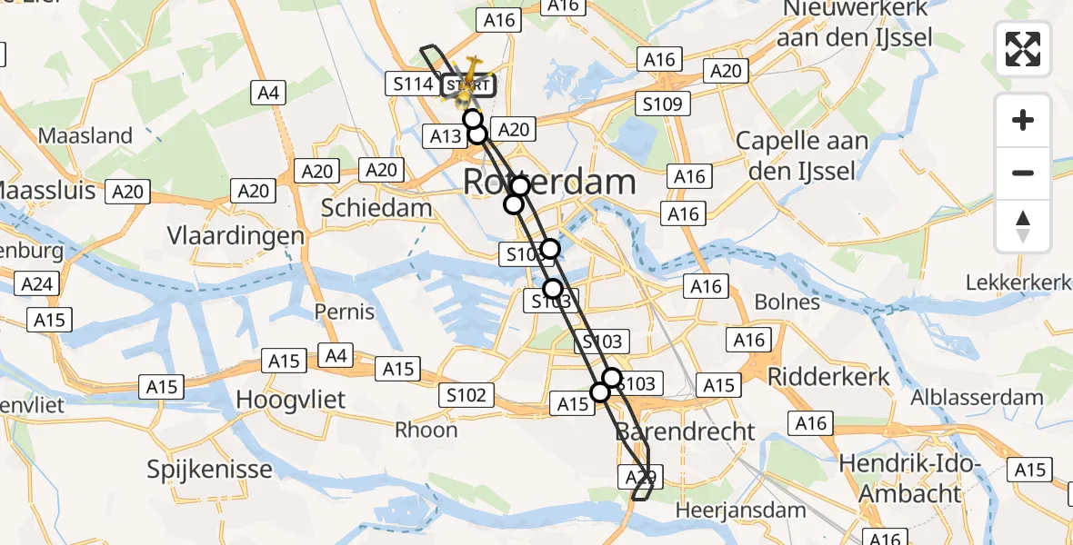 Vluchtroute Traumahelikopter Rotterdam The Hague Airport - Rotterdam The Hague Airport, 14 september 2023, 23:20