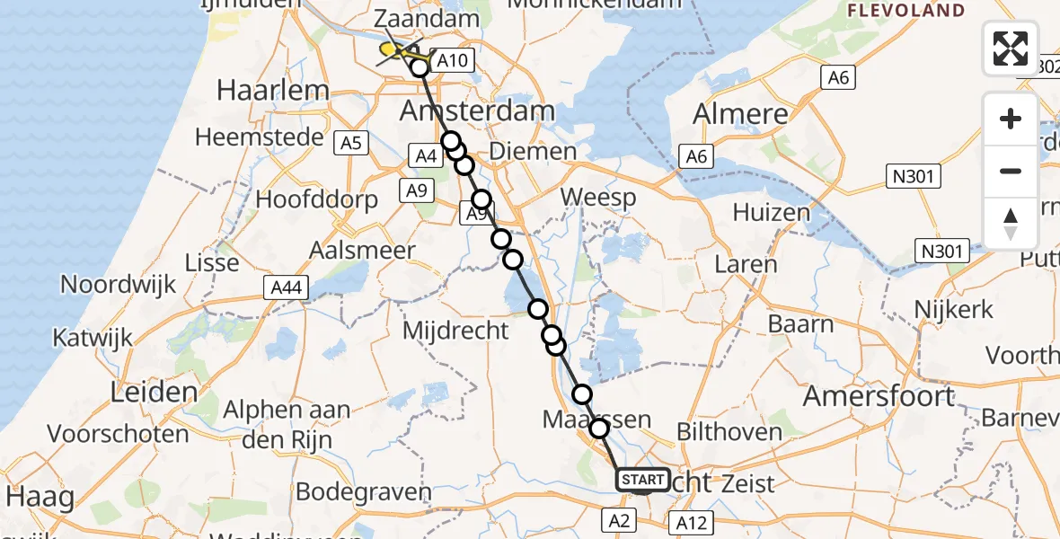 Routekaart van de vlucht: Lifeliner 1 naar Amsterdam Heliport