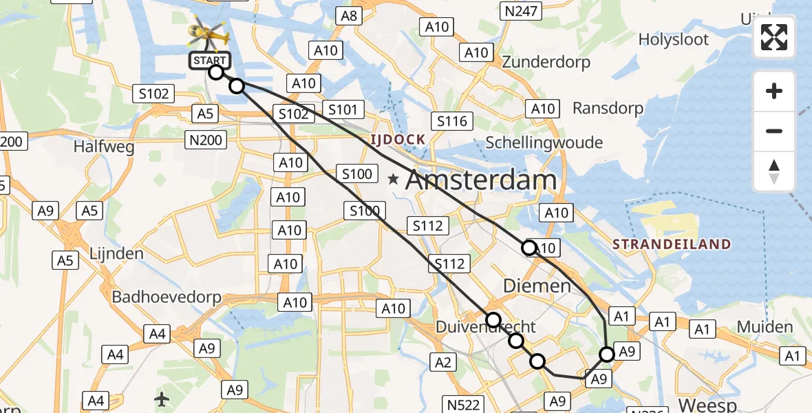 Vluchtroute Traumahelikopter Amsterdam Heliport - Amsterdam Heliport, 15 september 2023, 19:47