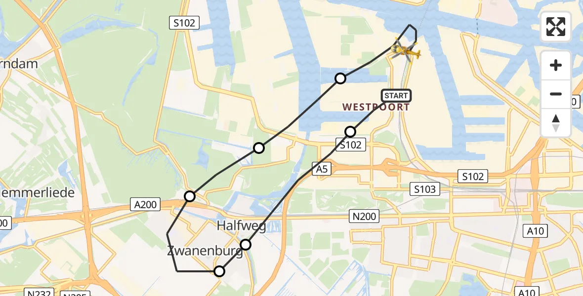 Vluchtroute Traumahelikopter Amsterdam Heliport - Amsterdam Heliport, 15 september 2023, 22:28