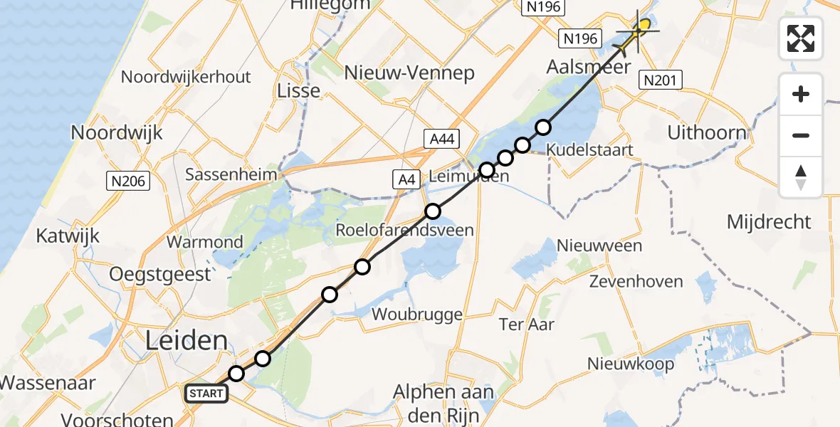 Routekaart van de vlucht: Politieheli naar Aalsmeer