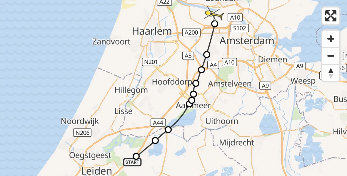 Routekaart van de vlucht: Lifeliner 1 naar Amsterdam Heliport