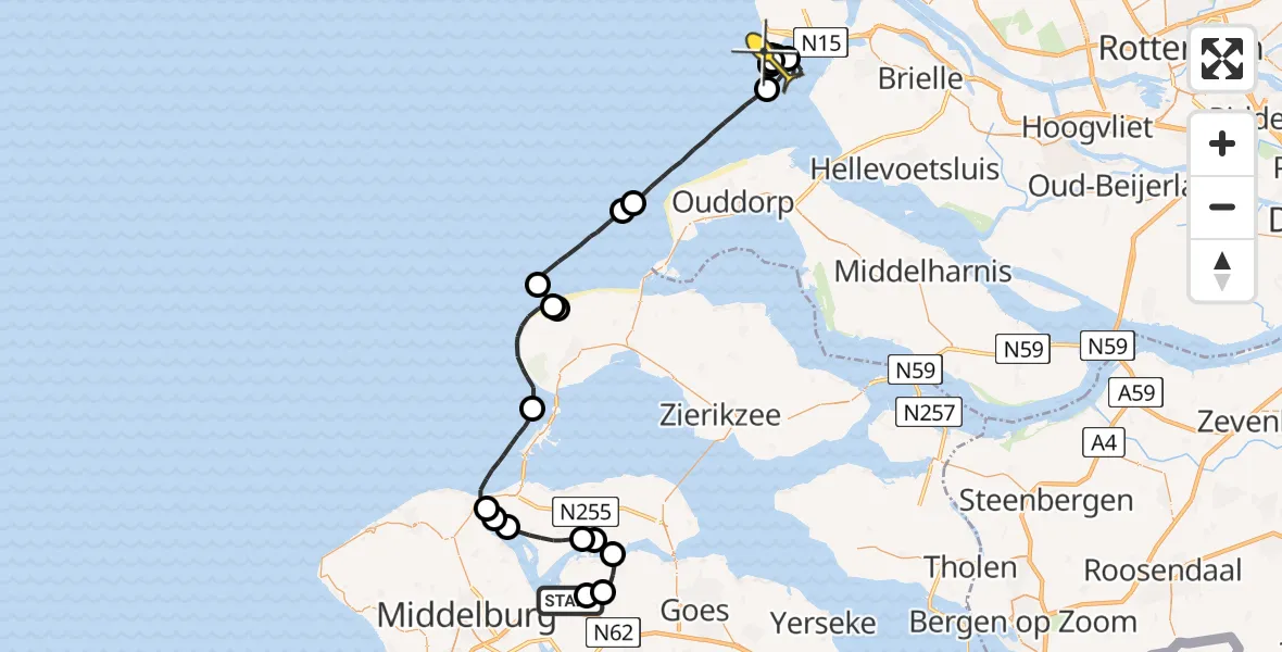 Routekaart van de vlucht: Politieheli naar Maasvlakte